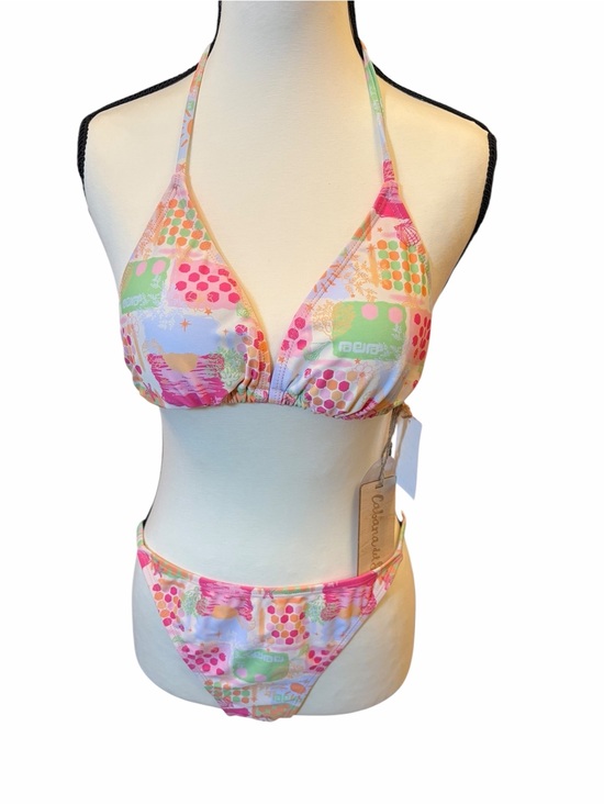 Cabana Del Sol Other - Cabana Del Sol Pastel Patchwork Pink Green Peach Triangle Bikini Set Skirt XL